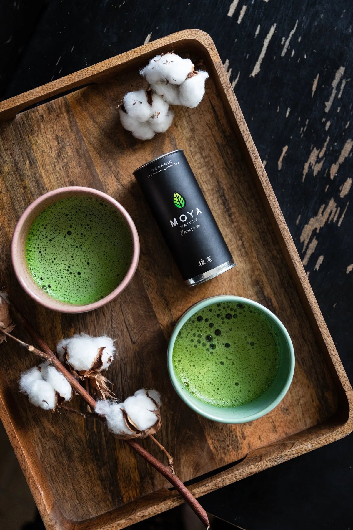 Moya premium organic ceremonial matcha green tea in a 30 g package with 2 matcha bowls.