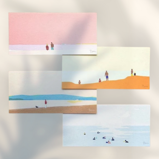 Eira Haul Seaside writing paper set featuring four minimalist Mino washi sheets with Taku Bannai beach illustrations.