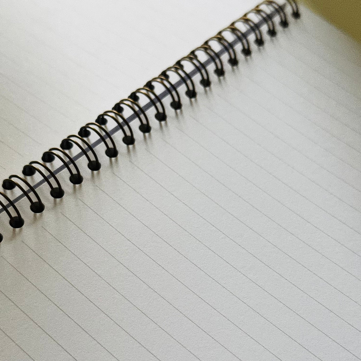A close-up of an open spiral-bound notebook with lined pages and a black wire binding.