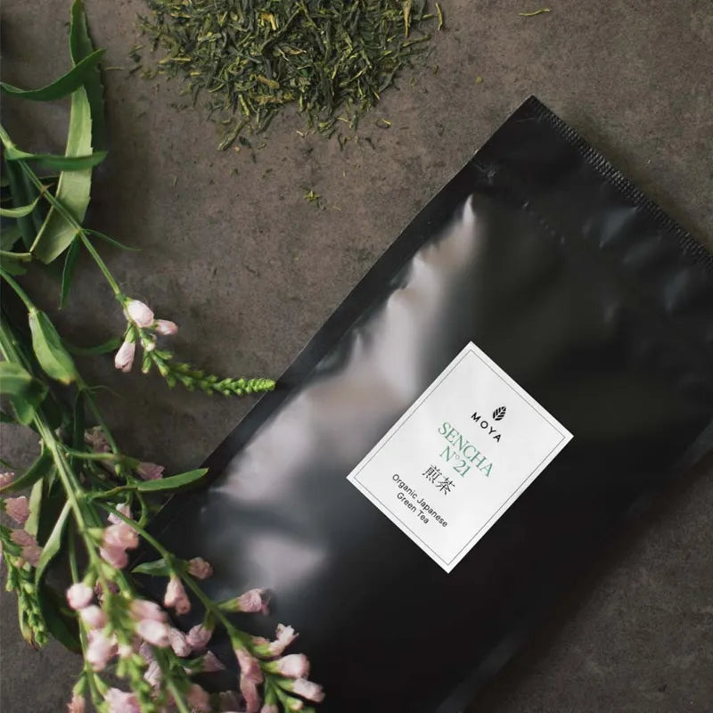 Moya No. 21 organic Japanese sencha green tea with flowers.