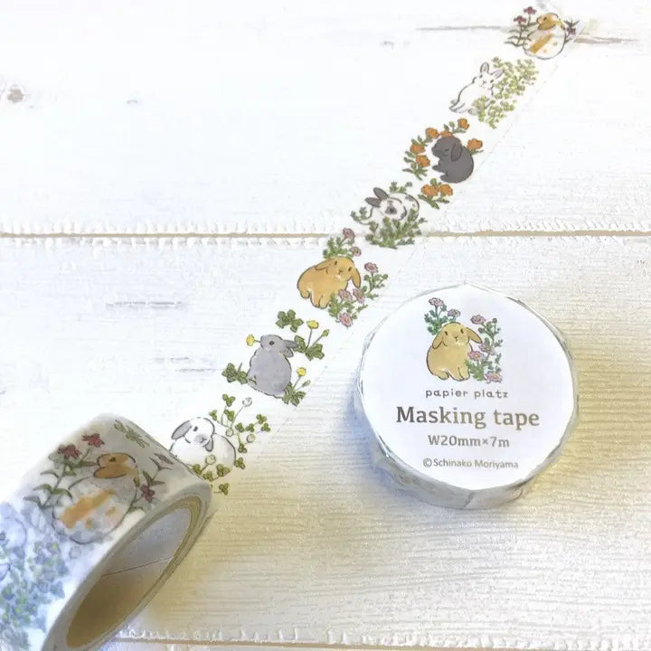 Japanese washi tape featuring cute Usagi rabbits and floral illustrations by Schinako Moriyama on a table