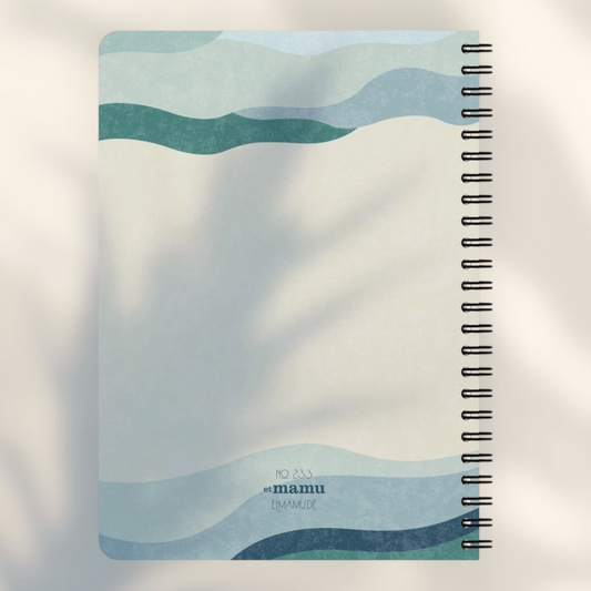 Eira Haul A5 notepad with abstract blue and beige wavy geometric design, rounded corners, and black wire binding.