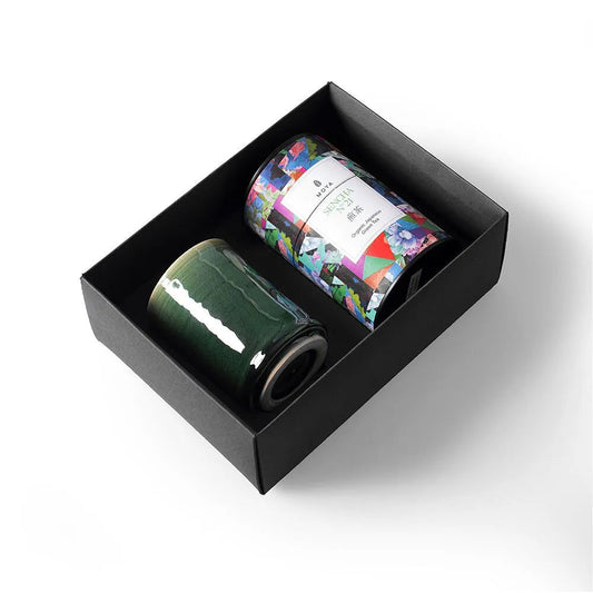 Eira Haul Moya Sencha green tea and handcrafted Kasai stoneware mug set in a black gift box