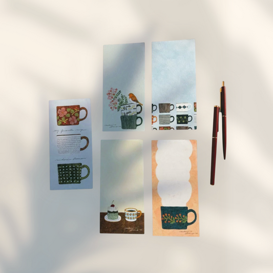 Eira Haul Mino washi writing paper set featuring My Favorite Mugs illustrations by Midori Asano with two pens