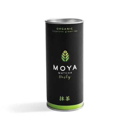 Moya organic daily matcha green tea in a 30 g package.