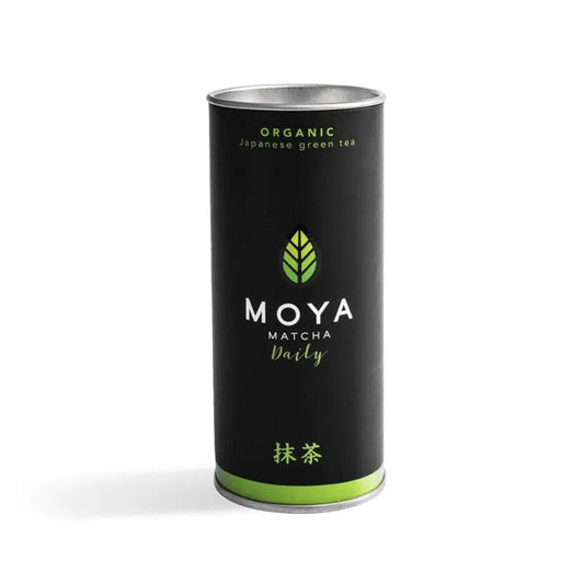 Moya organic daily matcha green tea in a 30 g package.
