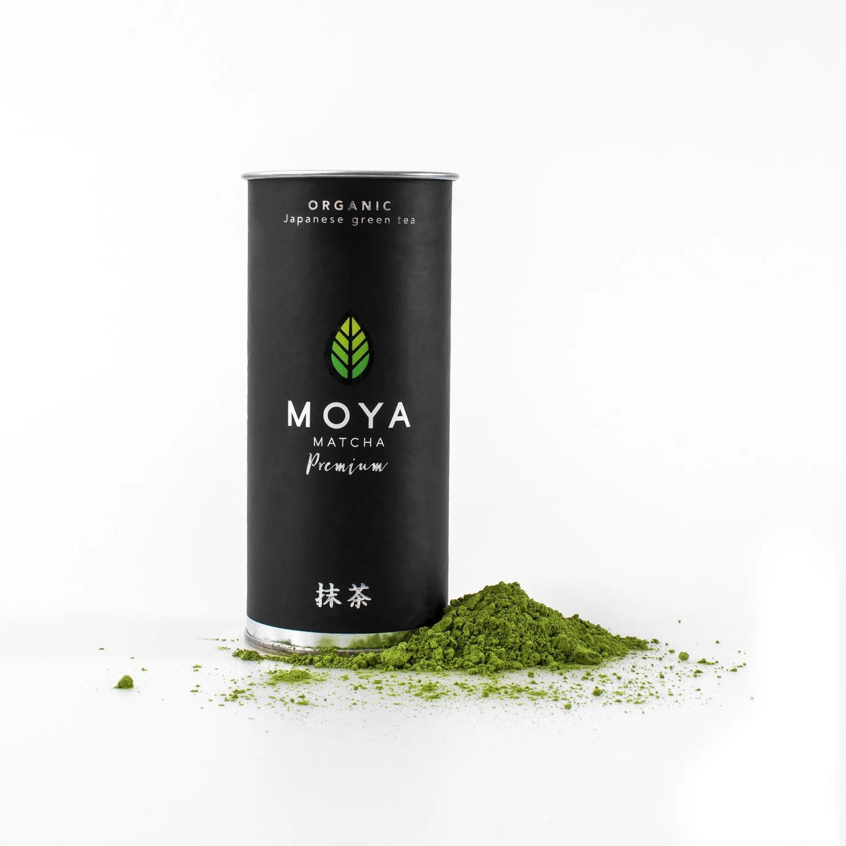 Moya premium organic ceremonial matcha green tea in a 30 g package with matcha powder.