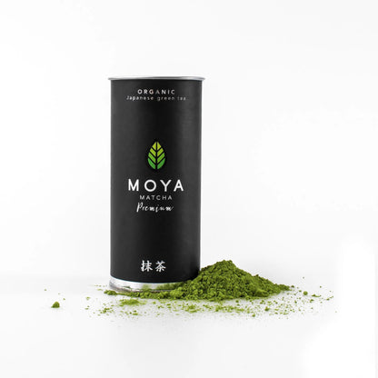 Moya premium organic ceremonial matcha green tea in a 30 g package with matcha powder.