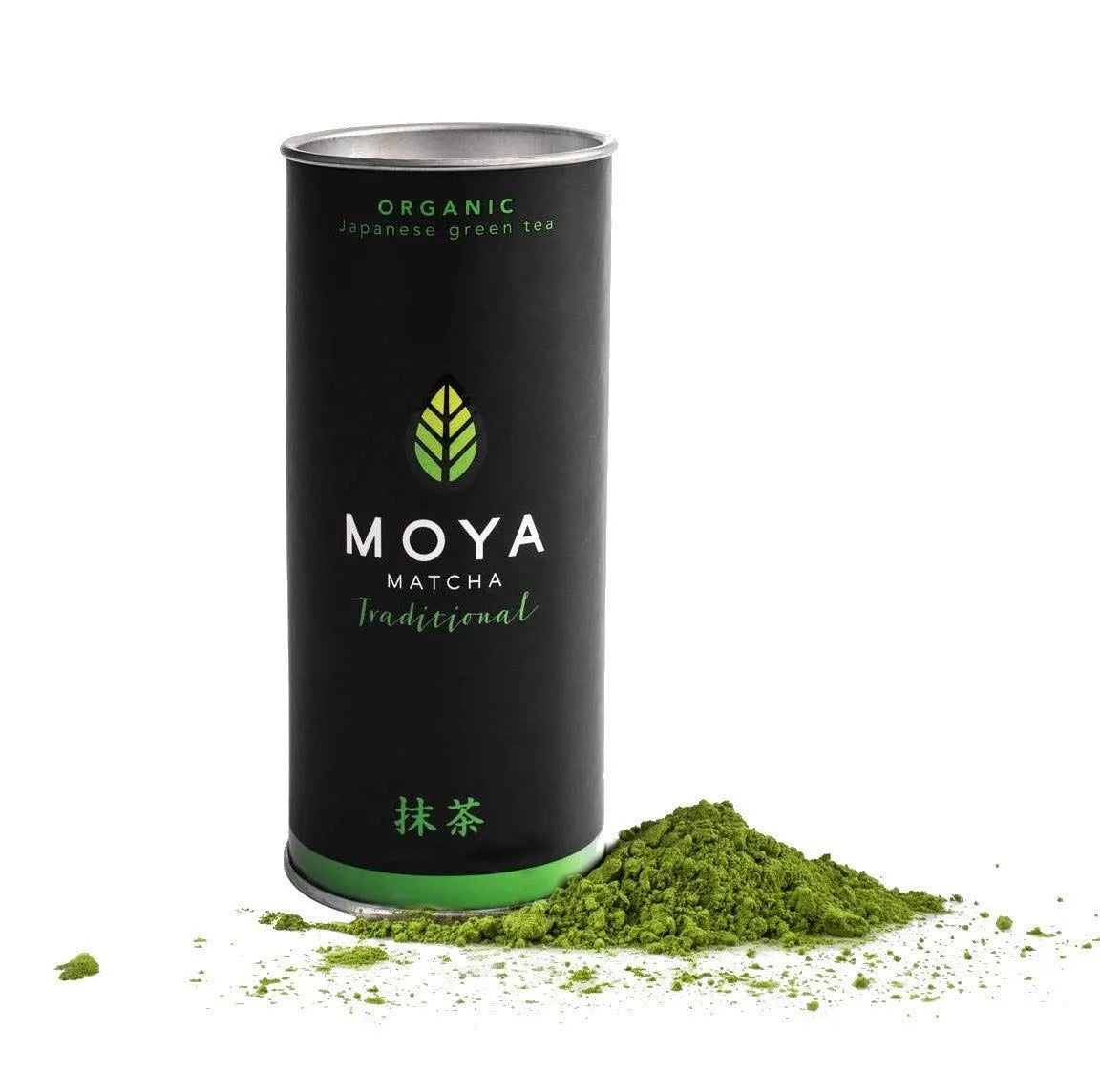 Moya traditional organic matcha green tea in a 30 g package with matcha powder.