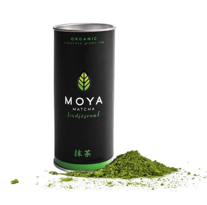 Moya traditional organic matcha green tea in a 30 g package with matcha powder.