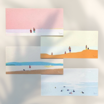 Eira Haul Seaside writing paper set featuring four minimalist Mino washi sheets with Taku Bannai beach illustrations.