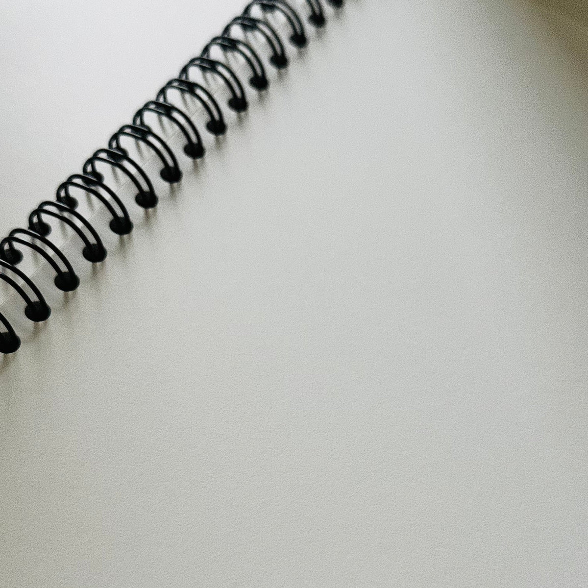 A close-up of a spiral-bound notebook with a black wire coil binding a blank off-white page, shown against a matching light background.