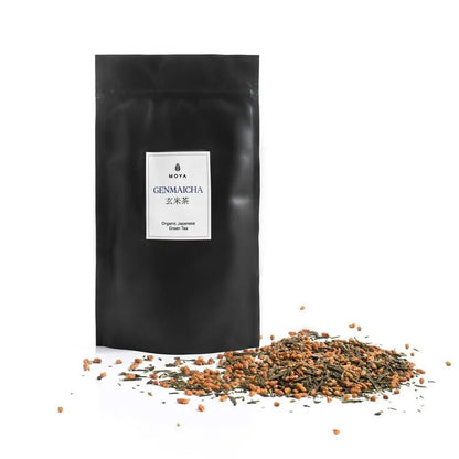 Moya organic Japanese genmaicha green tea with roasted rice, in a 100 g bag package.