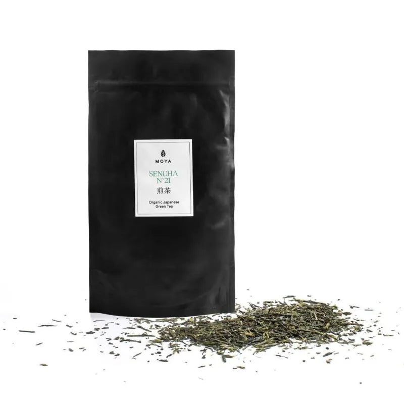 Moya No. 21 organic Japanese sencha green tea in a 100 g bag package.