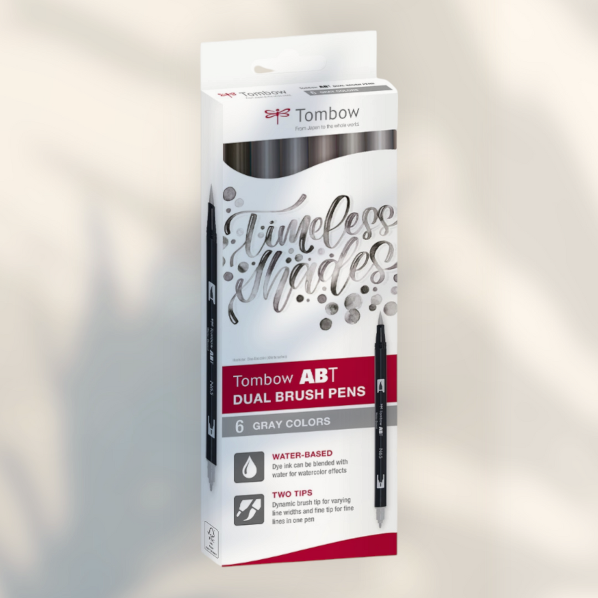 Eira Haul Tombow ABT Dual Brush 6-pack in gray shades with flexible brush and fine tips for calligraphy and drawing.