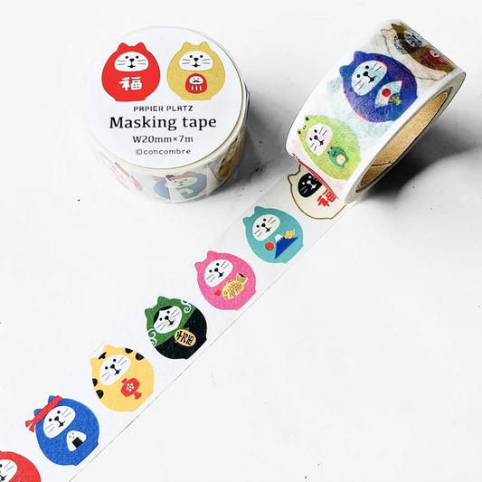 Eira Haul Papier Platz washi tape featuring colorful Concombre cat and daruma figurine illustrations for scrapbooking.