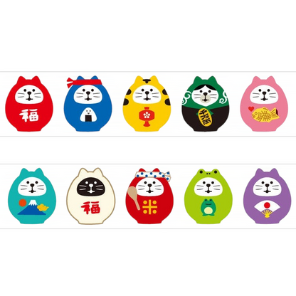Eira Haul Concombre washi tape featuring colorful Japanese cat daruma figurines for scrapbooking and planners