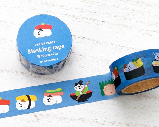 Japanese washi tape featuring a cute sushi-themed design by Concombre on a table