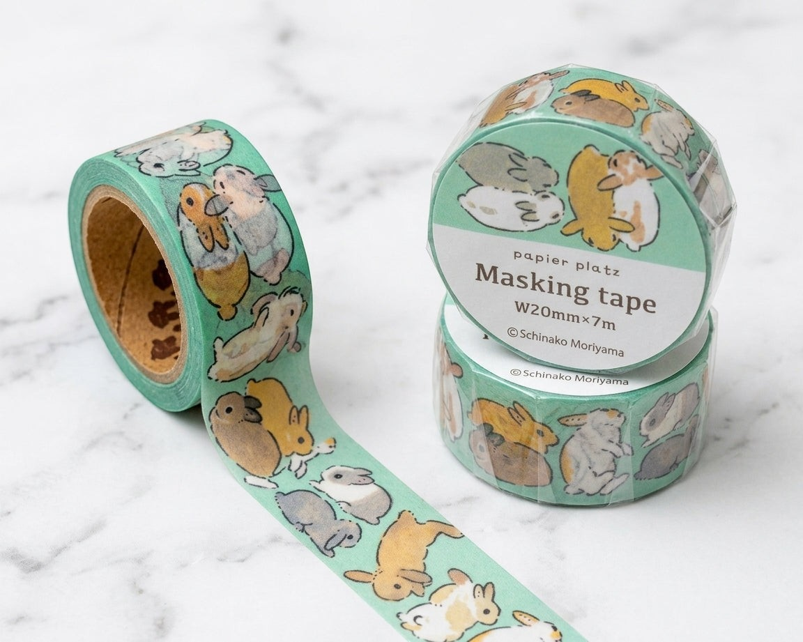 Eira Haul Papier Platz washi tape featuring cute rabbit illustrations on a green background for scrapbooking.