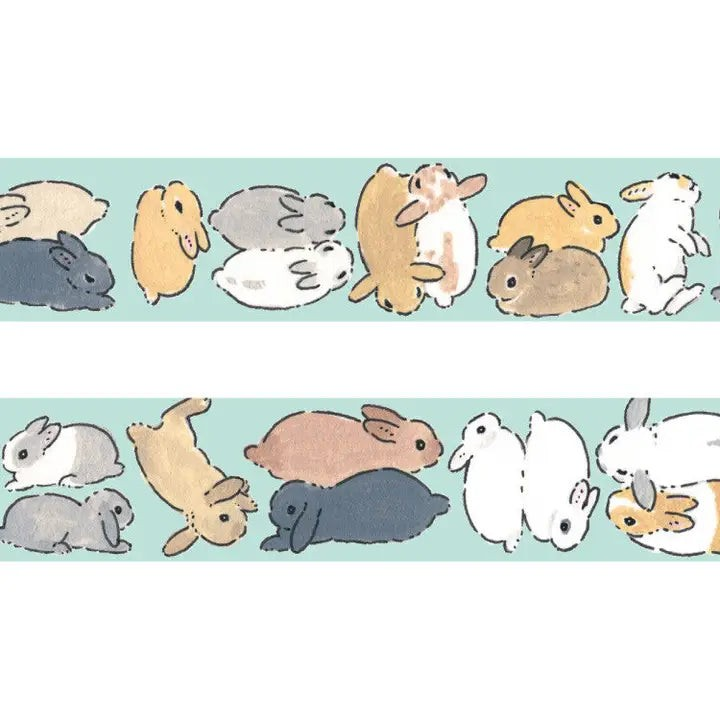 Eira Haul Schinako Moriyama washi tape featuring cute illustrated rabbits in various poses on a light blue background