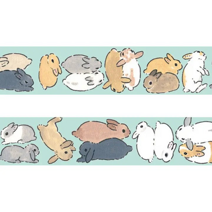 Eira Haul Schinako Moriyama washi tape featuring cute illustrated rabbits in various poses on a light blue background