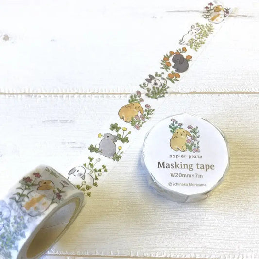 Japanese washi tape featuring cute Usagi rabbits and floral illustrations by Schinako Moriyama on a table