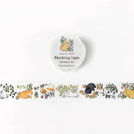 Japanese washi tape featuring cute Usagi rabbits and floral illustrations by Schinako Moriyama.