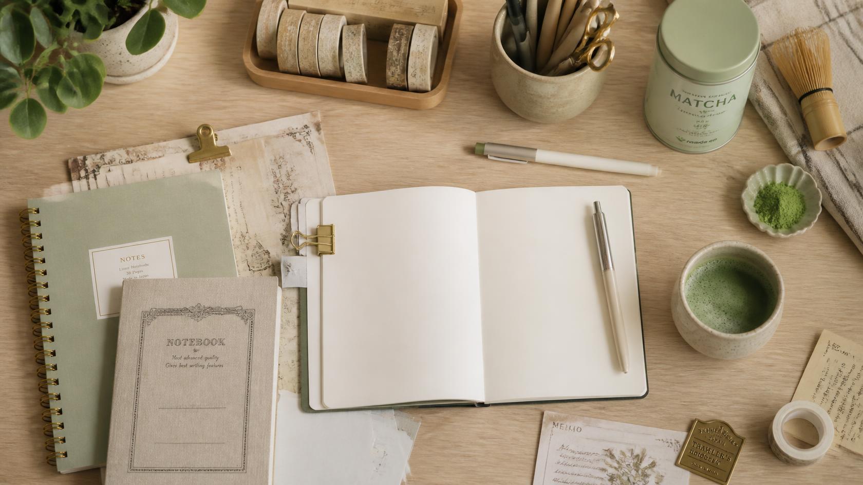A styled flat-lay of stationery and matcha tea accessories on a light wood table, including notebooks, pens, washi tapes, envelopes, small jars, dried flower petals, and two cups of green matcha.