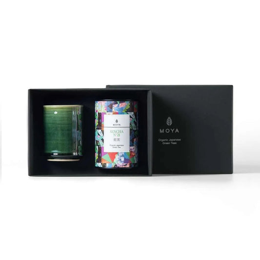 Eira Haul Moya sencha no.21 green tea and handcrafted Kasai stoneware mug set in a black gift box