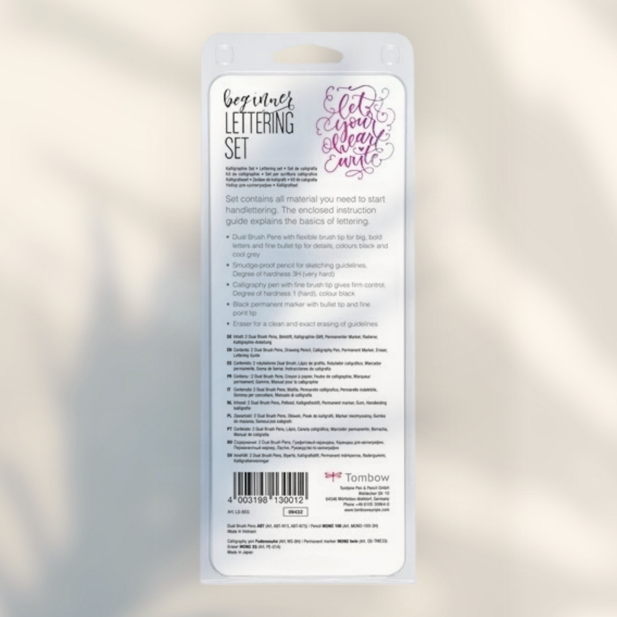 Eira Haul Tombow beginner hand lettering set packaging back view with product details and calligraphy instructions