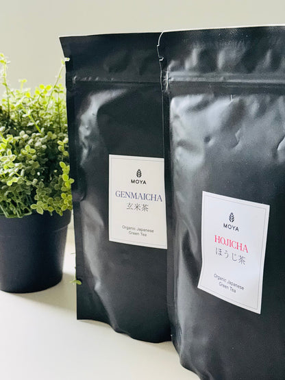 Two black stand-up pouches of Moya tea, one labeled Genmaicha and the other Hoicha, standing on a white surface next to a potted green plant.