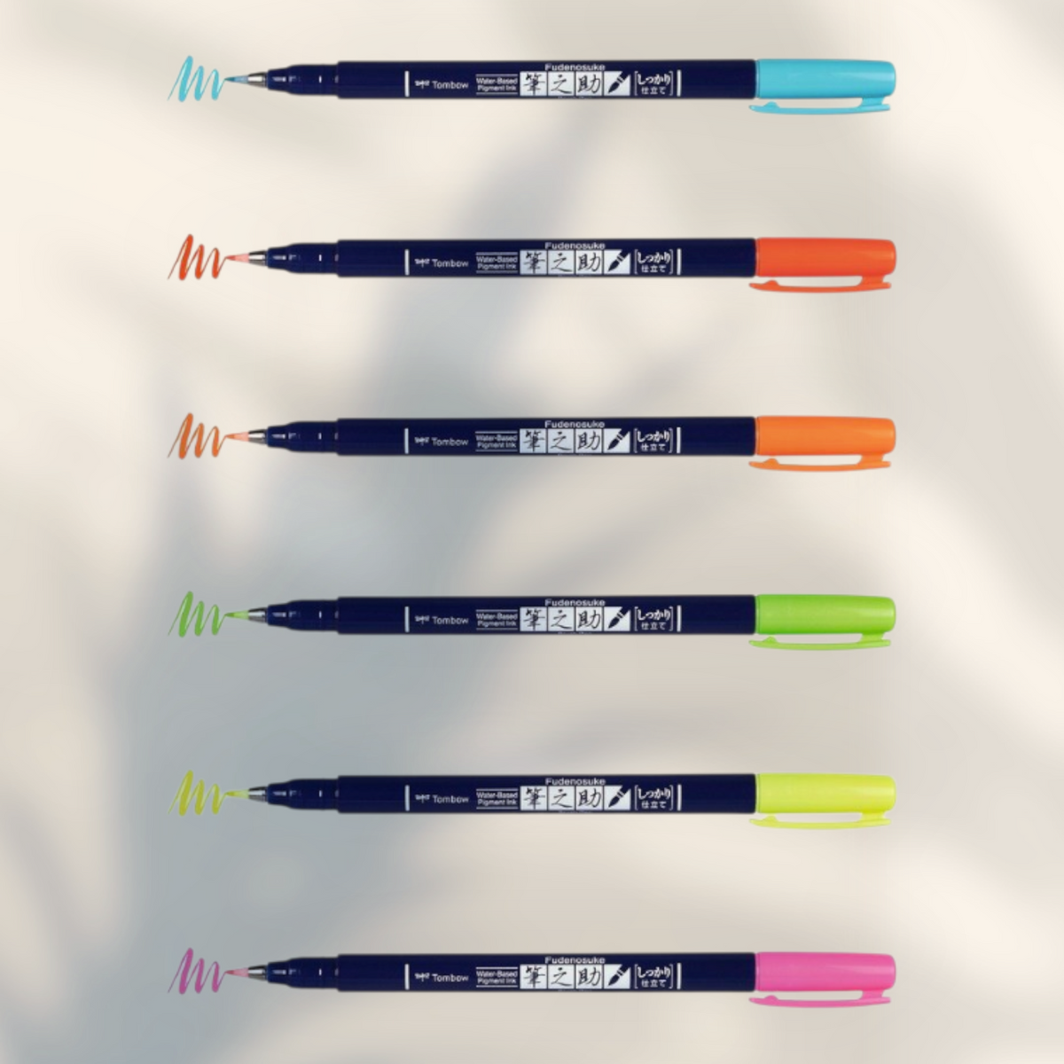 Eira Haul set of six Tombow Fudenosuke neon hard brush pens for calligraphy and hand lettering with ink swatches