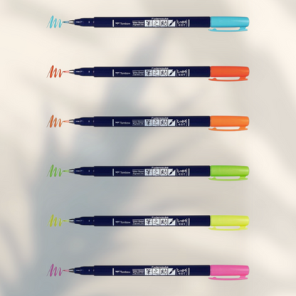 Eira Haul set of six Tombow Fudenosuke neon hard brush pens for calligraphy and hand lettering with ink swatches