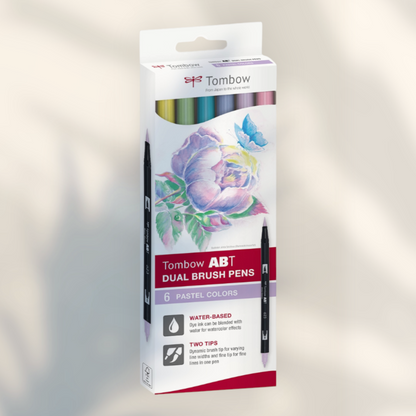 Eira Haul Tombow ABT Dual Brush 6C-2 Pastel set featuring six water-based markers with brush and fine tips.