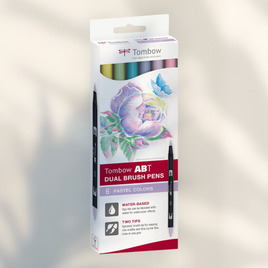 Eira Haul Tombow ABT Dual Brush 6C-2 Pastel set featuring six water-based markers with brush and fine tips.
