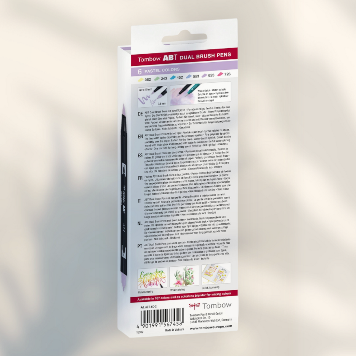 Eira Haul Tombow ABT Dual Brush 6C-2 Pastel set packaging showing dual tips and colour swatches for calligraphy