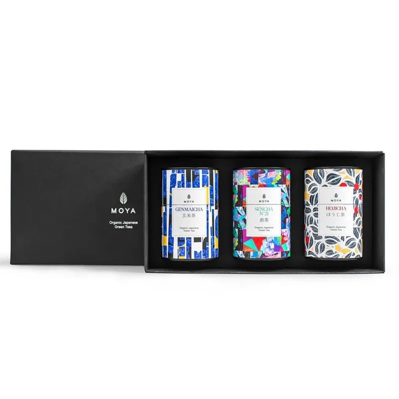 Moya set of three Japanese green teas: sencha, genmaicha, and hojicha.